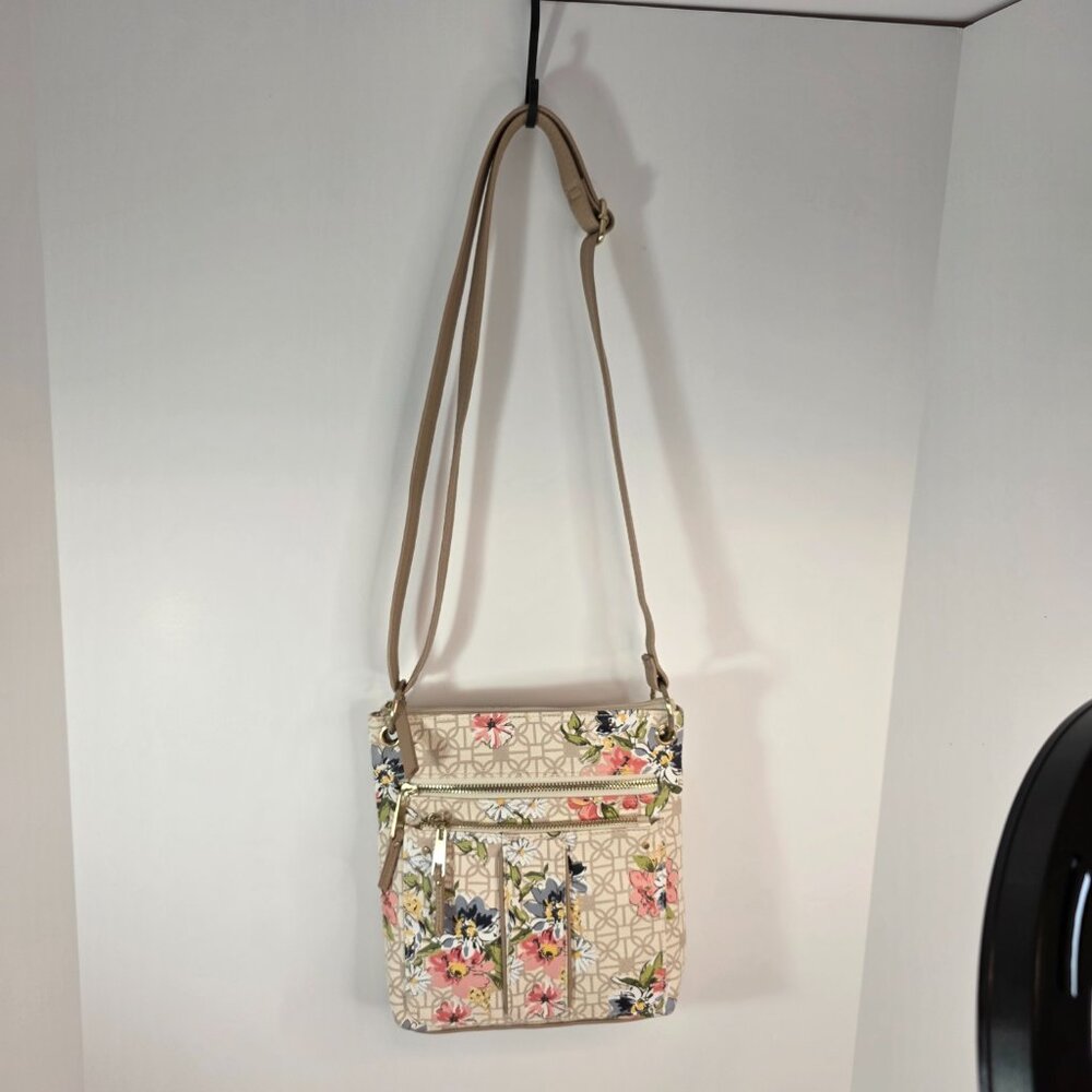 Floral Crossbody Bag Tan Neutral Multi Pocket Adjustable Strap - Picture 4 of 9